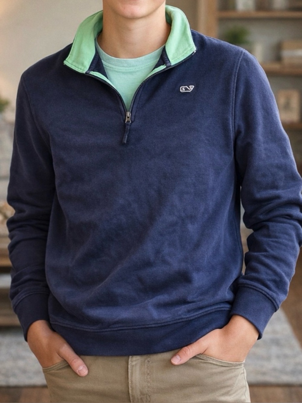 Vineyard Vines Navy Quarter-Zip with Mint Contrast Collar youth XL